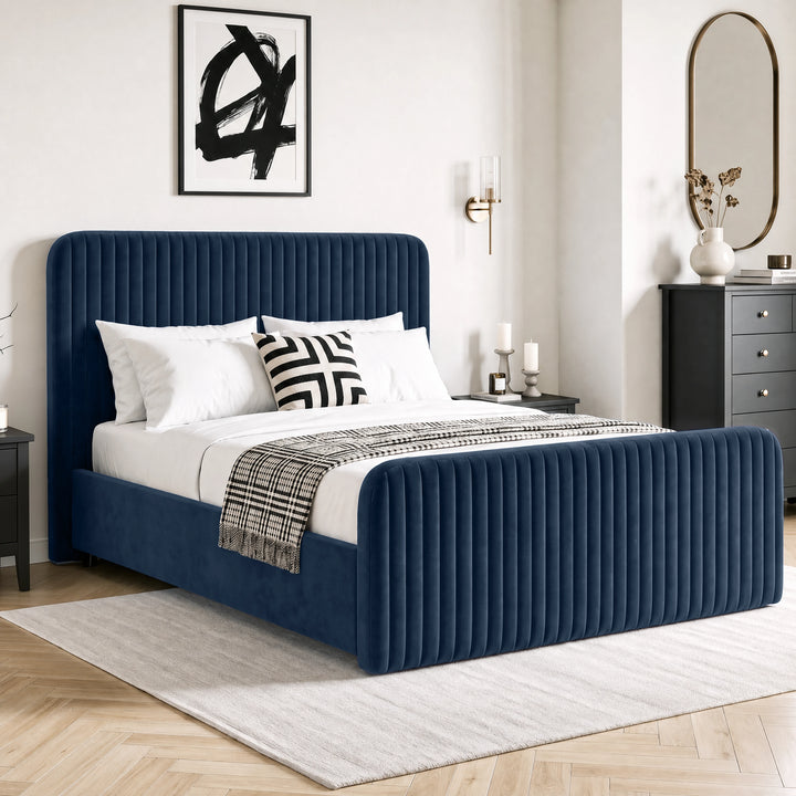 [Blue | Double] Vertical line ottoman storage bed angled room view with tall headboard and matching footboard