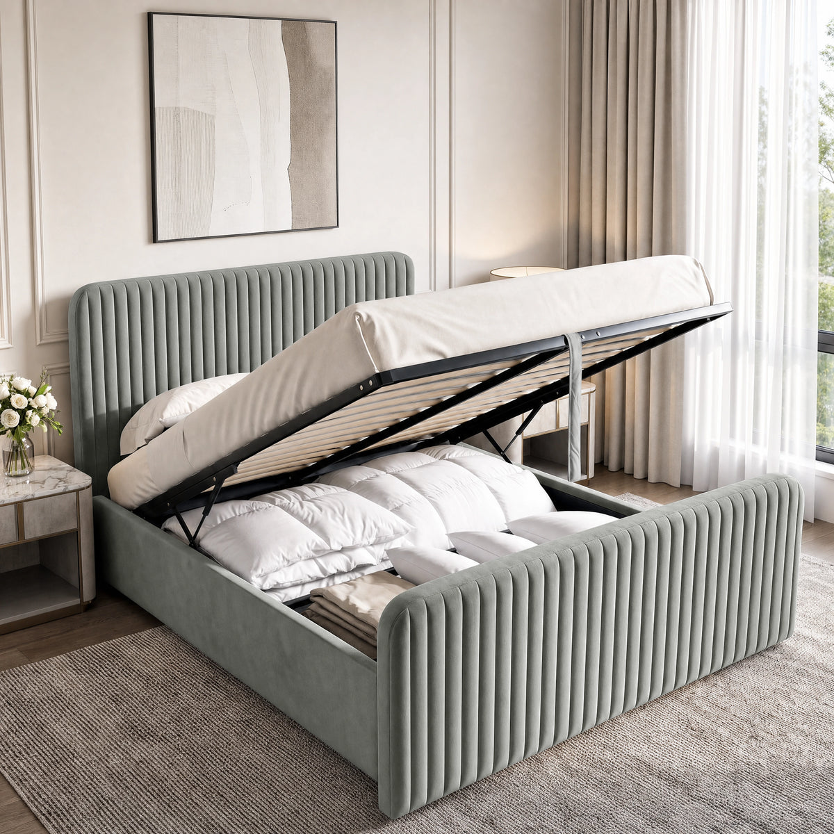 [Light Grey | Double] Vertical line ottoman storage bed open with gas-lift frame, slats and under-bed storage