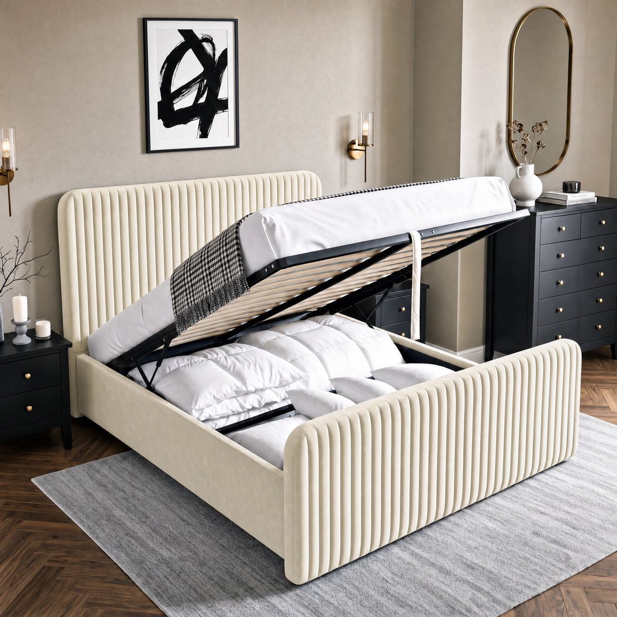 [Beige | King] Vertical line ottoman storage bed open with gas-lift frame, slats and under-bed storage