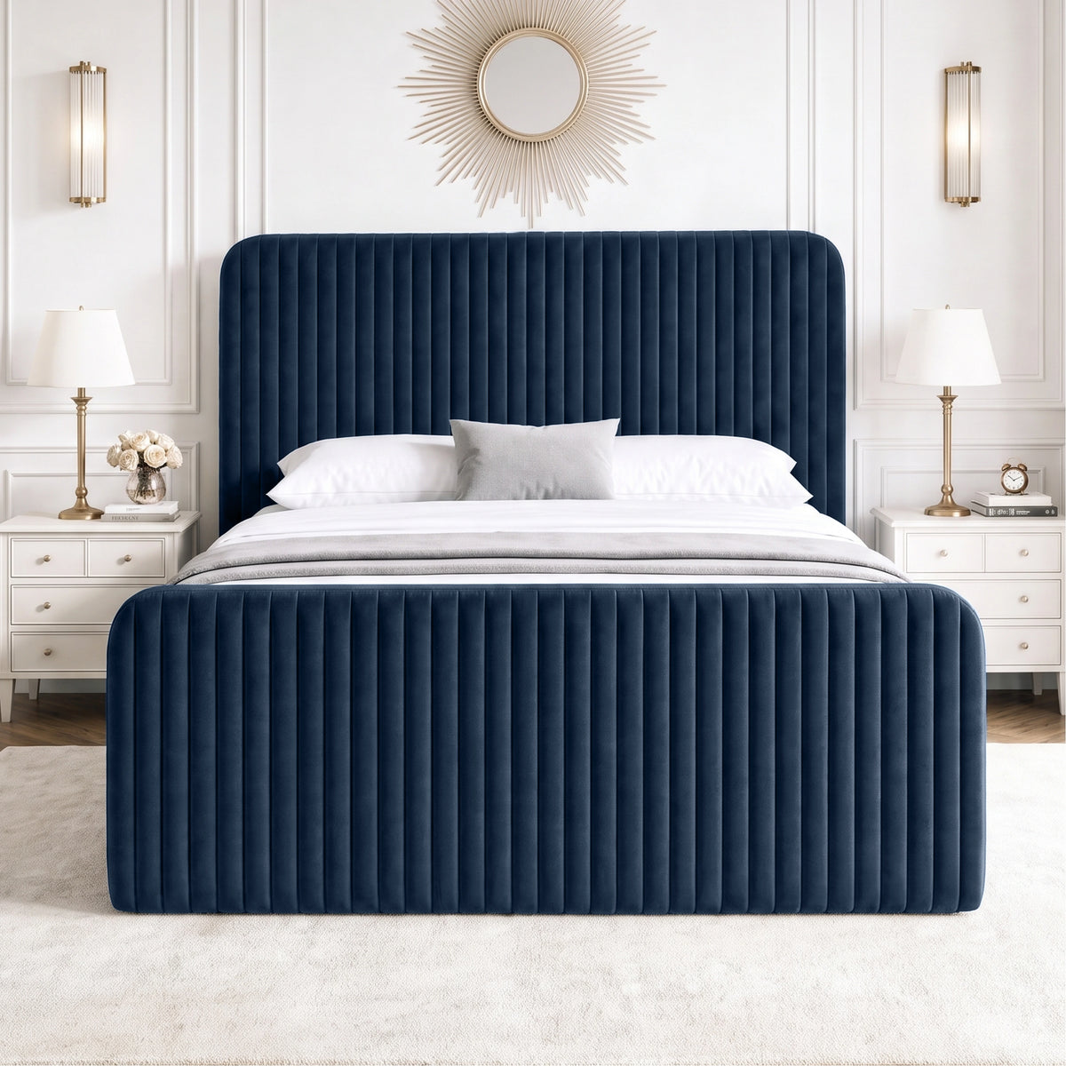 [Blue | King] Vertical line ottoman storage bed front view with vertical channel headboard and footboard