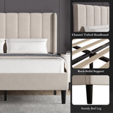 [Double | Beige] Wooden slat mattress support inside velvet bed frame with black metal centre rail and legs