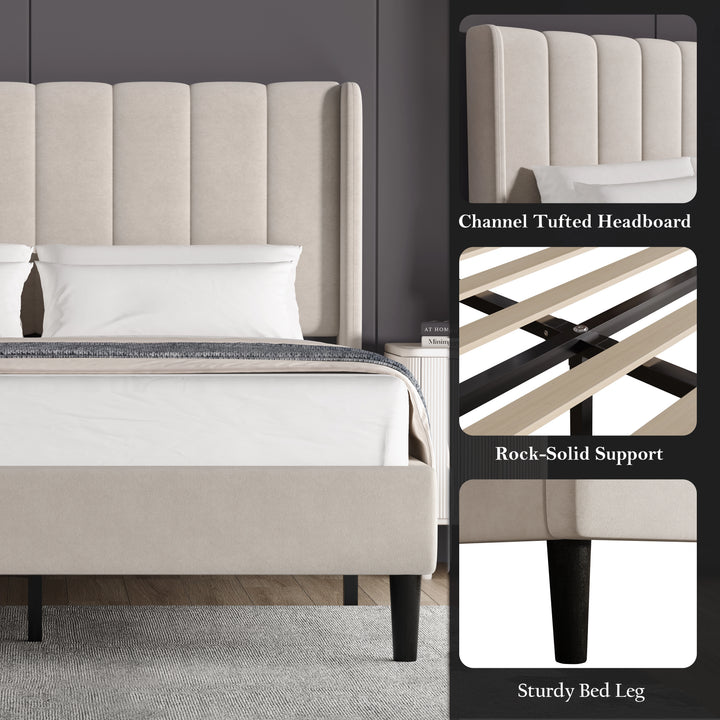 [Double | Beige] Wooden slat mattress support inside velvet bed frame with black metal centre rail and legs
