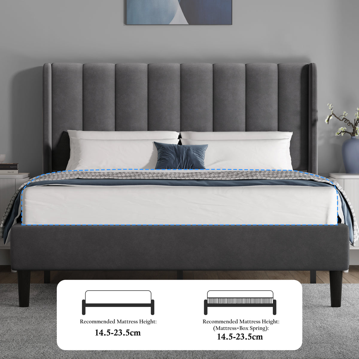 [Double | Grey] Overhead angled view of velvet bed showing vertical channel headboard and white bedding from above
