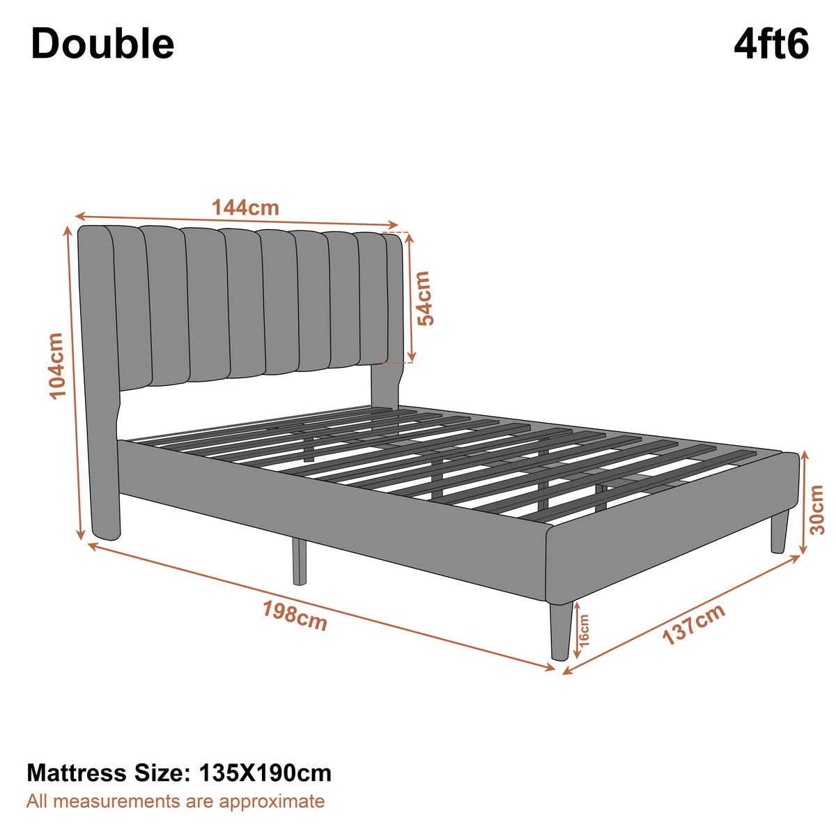 [Double | Light Grey] Dimensions diagram showing 144cm width and 198cm length with 104cm headboard height