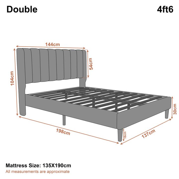 [Double | Light Grey] Dimensions diagram showing 144cm width and 198cm length with 104cm headboard height