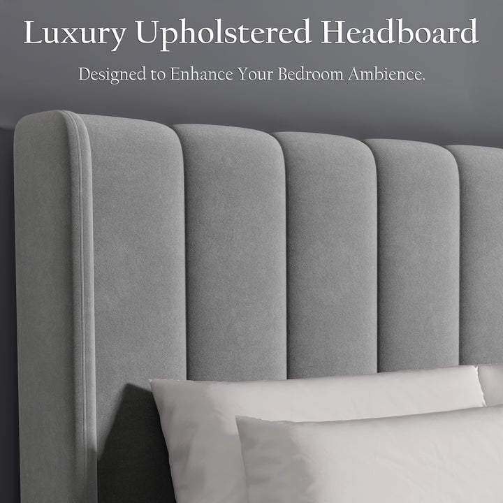 [Double | Light Grey] Close-up of light grey velvet headboard with five vertical channel-tufted panels and wing edges