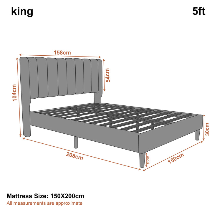 [Beige | King] Line drawing of king vertical line velvet bed frame, frame 158 x 208 x 104 cm with 150x 200 cm mattress
