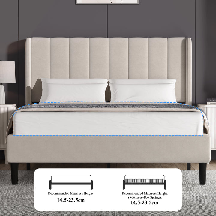 [King | Beige] Overhead angled view of velvet bed showing vertical channel headboard and white bedding from above