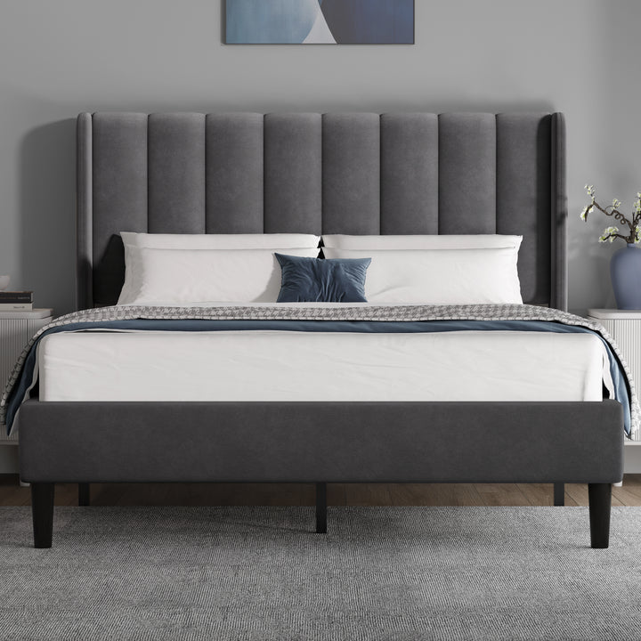 [King | Grey] Front view of grey velvet king bed with vertical channel-tufted headboard and dark tapered legs