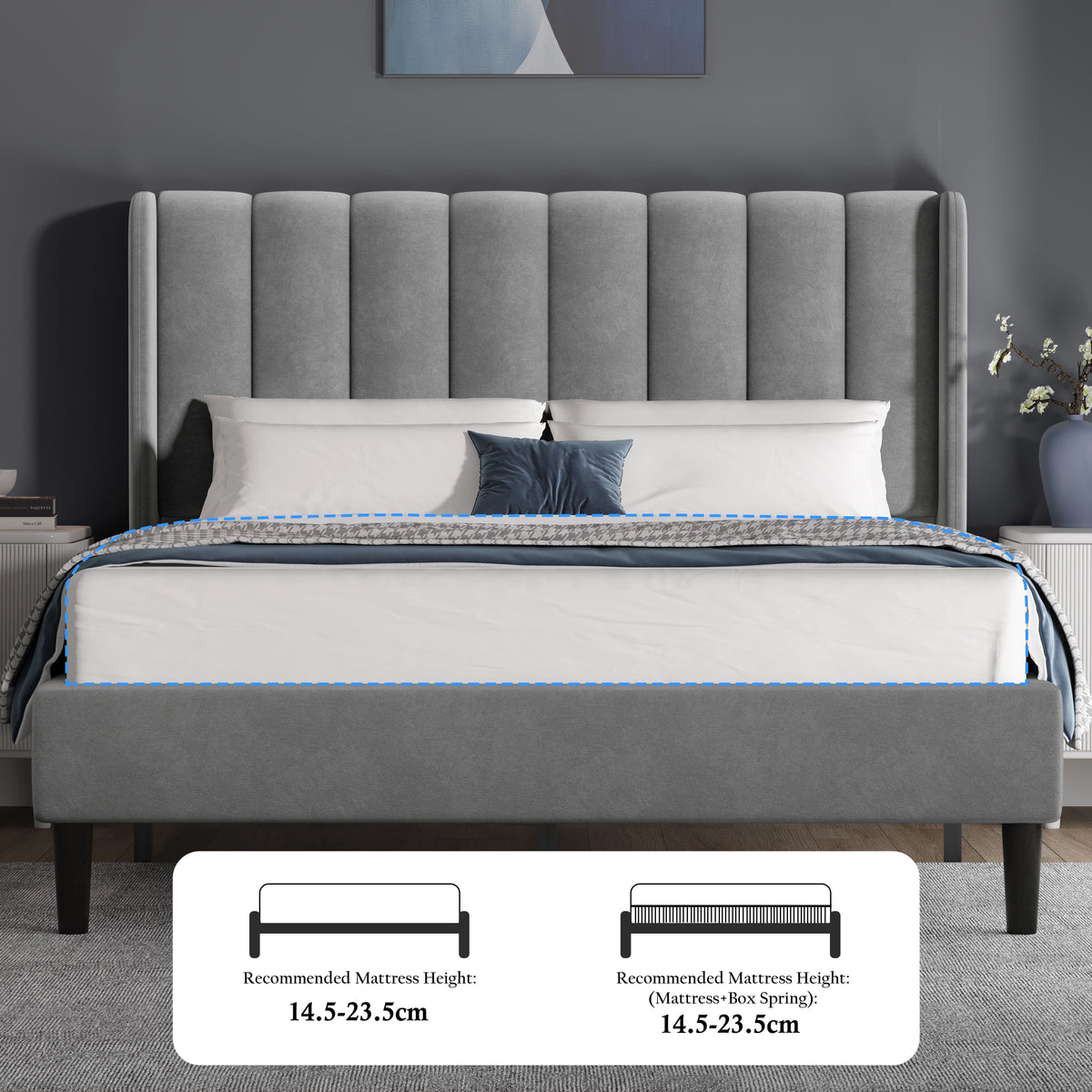 [King | Light Grey] Elevated angle showing full bed proportions with vertical line headboard and low footboard