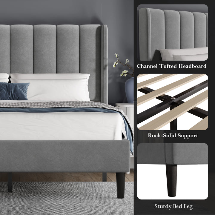 [King | Light Grey] Wooden slat mattress support inside velvet bed frame with black metal centre rail and legs