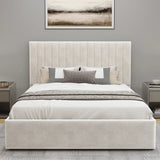 [Beige | Double] Straight-on view of vertical ottoman bed showing full fluted headboard between matching white bedside tables