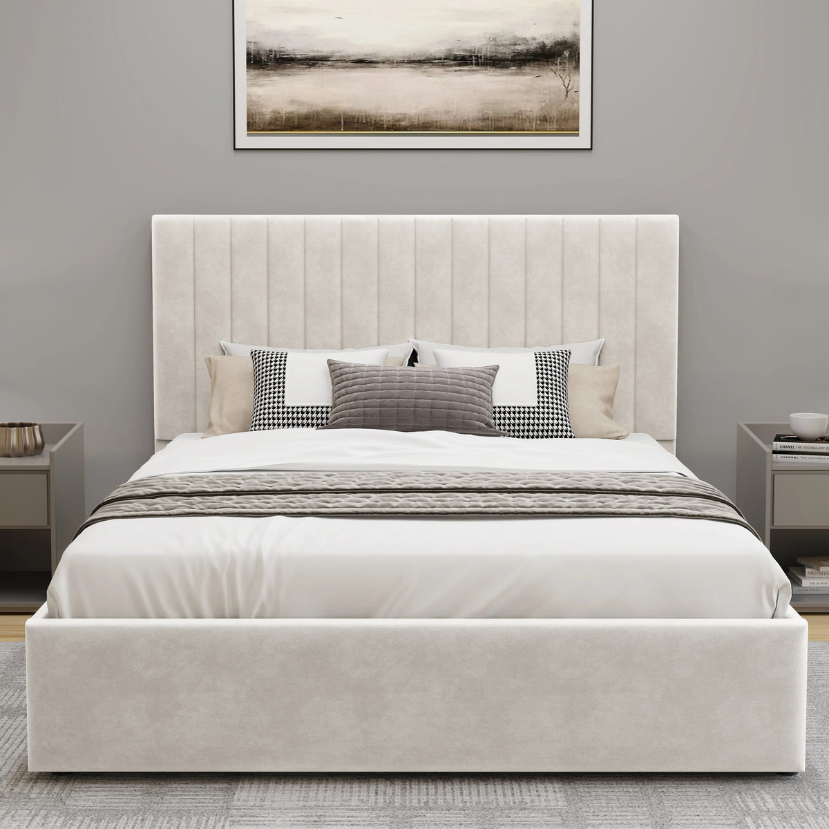 [Beige | Double] Straight-on view of vertical ottoman bed showing full fluted headboard between matching white bedside tables