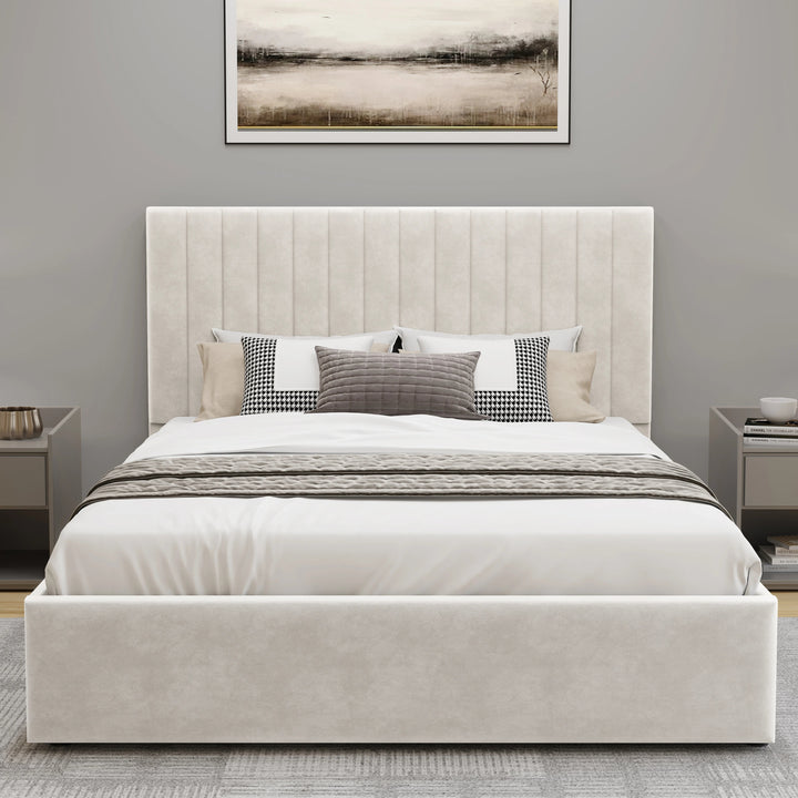 [Beige | Double] Straight-on view of vertical ottoman bed showing full fluted headboard between matching white bedside tables