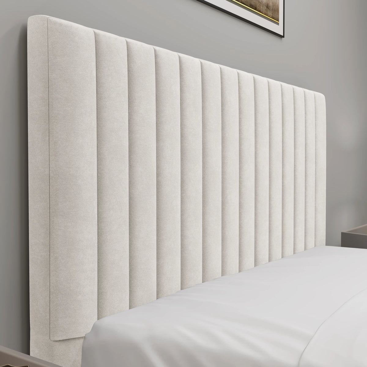 [Beige | Double] Close-up of beige velvet headboard with twelve vertical channel pleats running floor-to-top across the panel