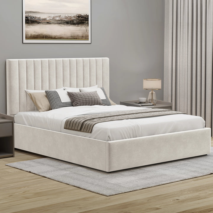 [Beige | Double] Velvet ottoman bed featuring vertical channel tufting on headboard in minimalist room with landscape artwork