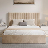 [Beige | King] Lifestyle front view of velvet ottoman bed with throw and cushions against plain wall with landscape art