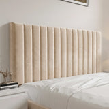 [Beige | King] Detail view of king fluted bed headboard with deep vertical channels in soft velvet beside nightstand