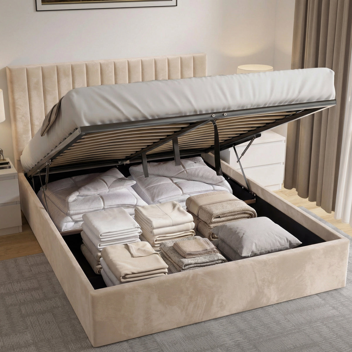 [Beige | King] Mattress raised on gas struts exposing slatted base with folded white sheets stacked in king ottoman bed