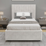 [Beige | Single] velvet bed frame front view of vertical-pleated headboard with white bedding in clean bright room