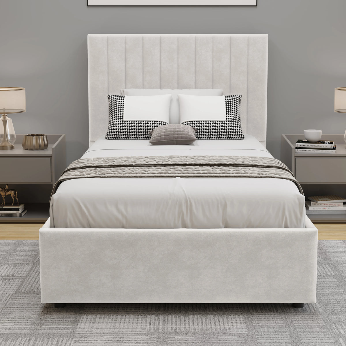 [Beige | Single] velvet bed frame front view of vertical-pleated headboard with white bedding in clean bright room