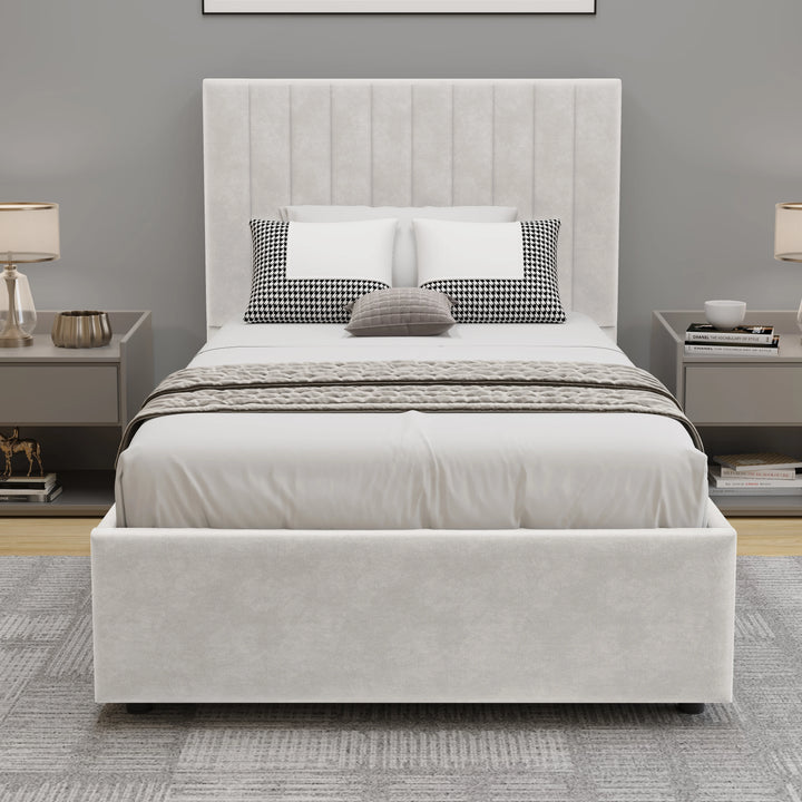 [Beige | Single] velvet bed frame front view of vertical-pleated headboard with white bedding in clean bright room