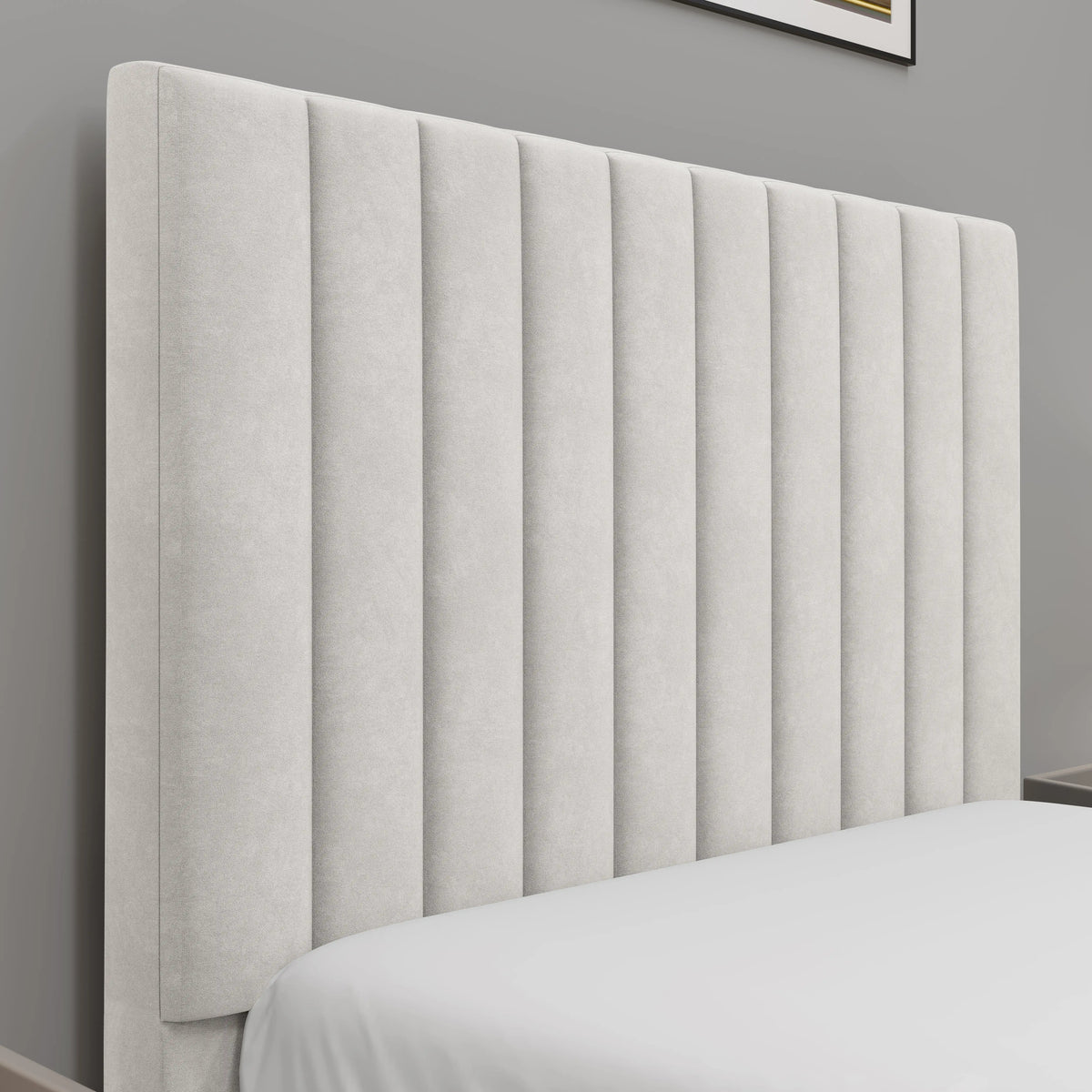 [Beige | Single] bed frame headboard close-up displaying vertical pleats with books and decorative objects on nightstand