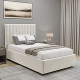 [Beige | Single] vertical channel velvet ottoman bed with fluted headboard in bright room with white nightstands