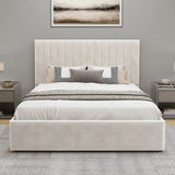 [Beige | Small Double] Front view of vertical channel bed frame with fluted headboard flanked by nightstands in light room