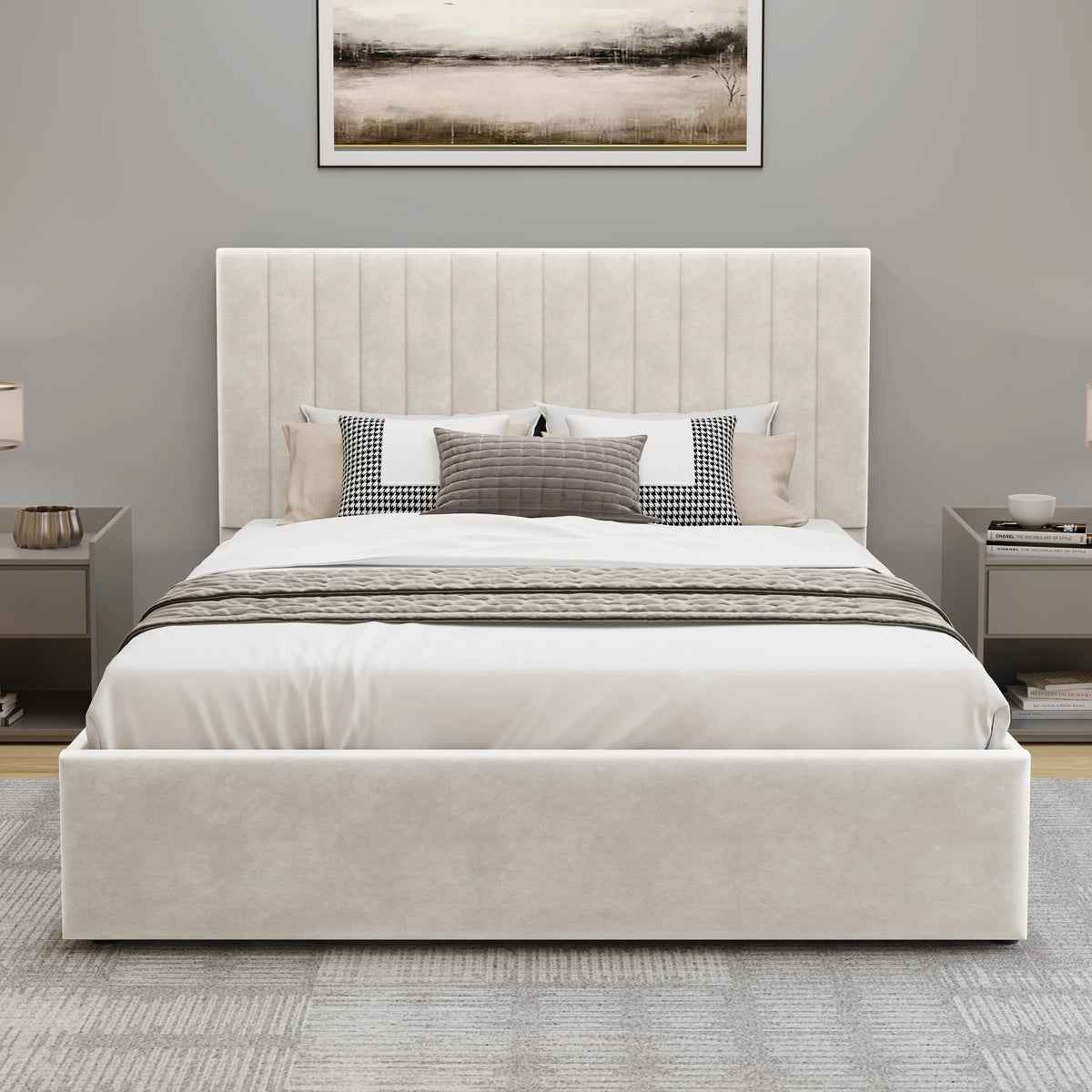 [Beige | Small Double] Front view of vertical channel bed frame with fluted headboard flanked by nightstands in light room