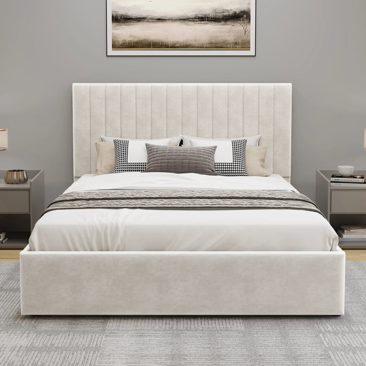 [Beige | Small Double] Front view of vertical channel bed frame with fluted headboard flanked by nightstands in light room