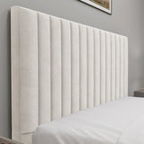 [Beige | Small Double]Detail view of fluted bed frame headboard with deep vertical channels beside white bedside table