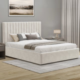 [Beige | Small Double] Ottoman storage bed with fluted headboard styled with grey cushion and fringed throw in light room