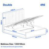 [Grey | Double] size guide for ottoman double bed showing frame size 201x143.5x30cm and 100cm headboard height