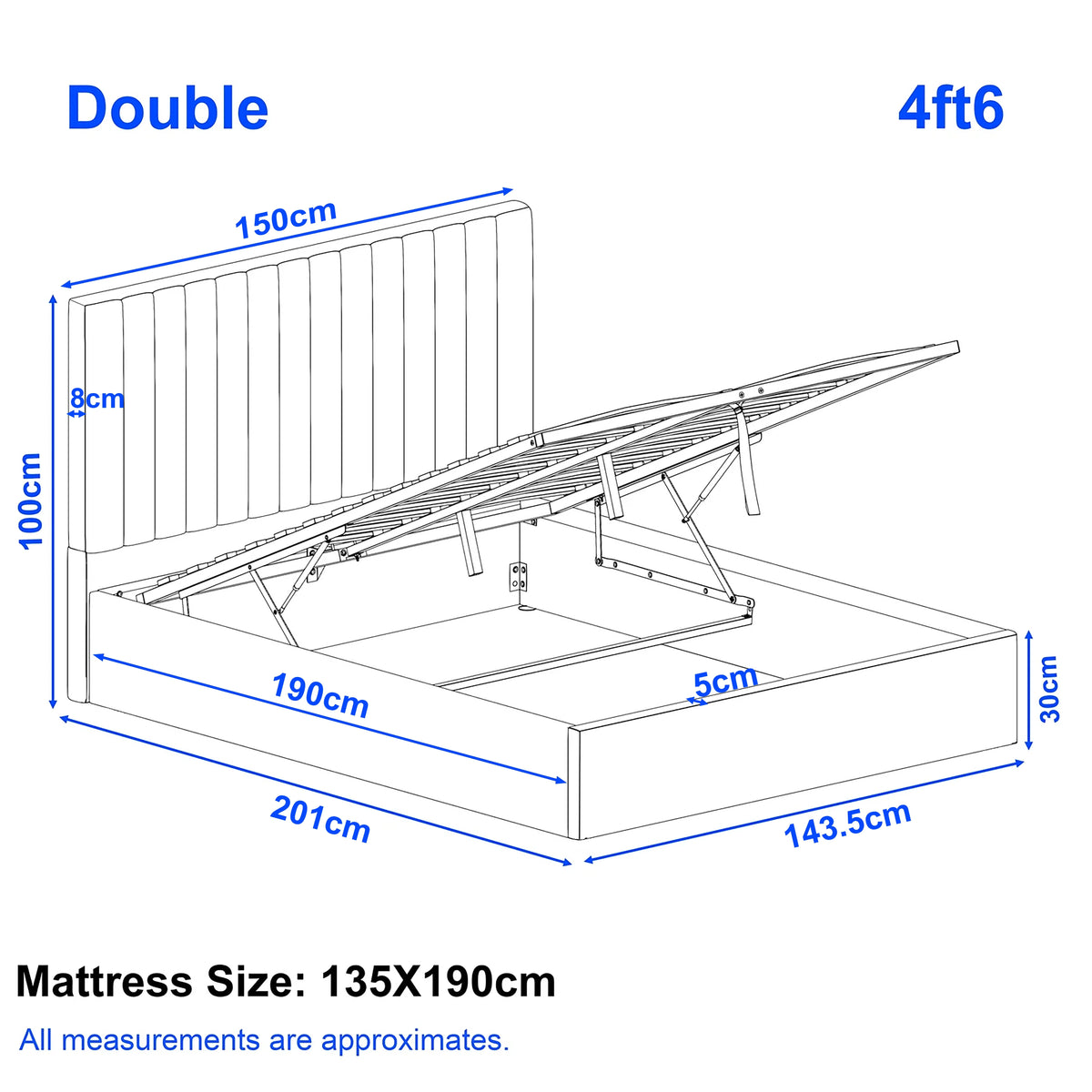 [Grey | Double] size guide for ottoman double bed showing frame size 201x143.5x30cm and 100cm headboard height