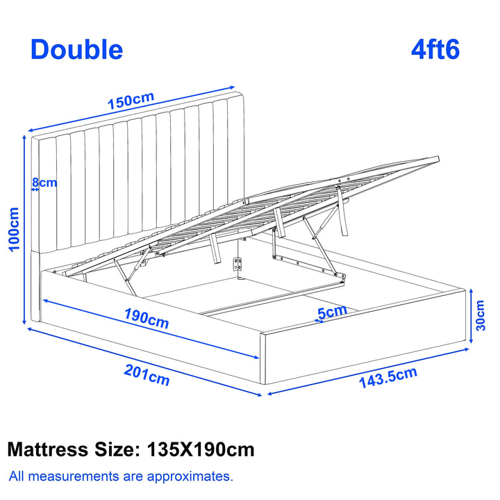 [Light Grey | Double] 4ft6 bed dimension showing 143.5cm width, 201cm length, 30cm height and 100cm headboard height