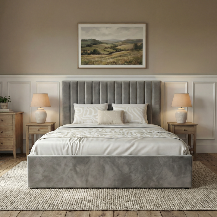[Grey | Double] Straight-on view of vertical ottoman bed showing full fluted headboard between matching wooden bedside tables