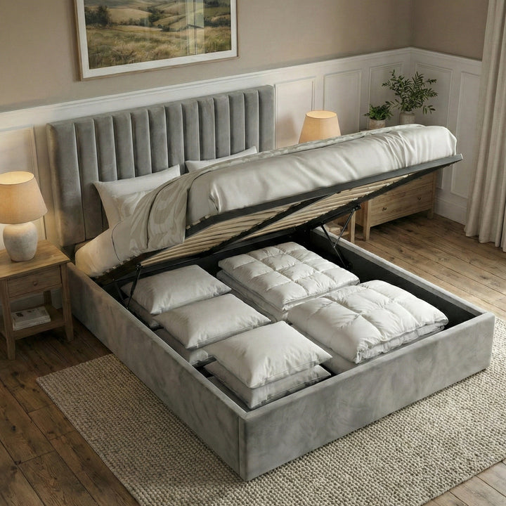 [Grey | King] vertical ottoman bed gas-lift open showing two white pillows and a cushion inside the storage base