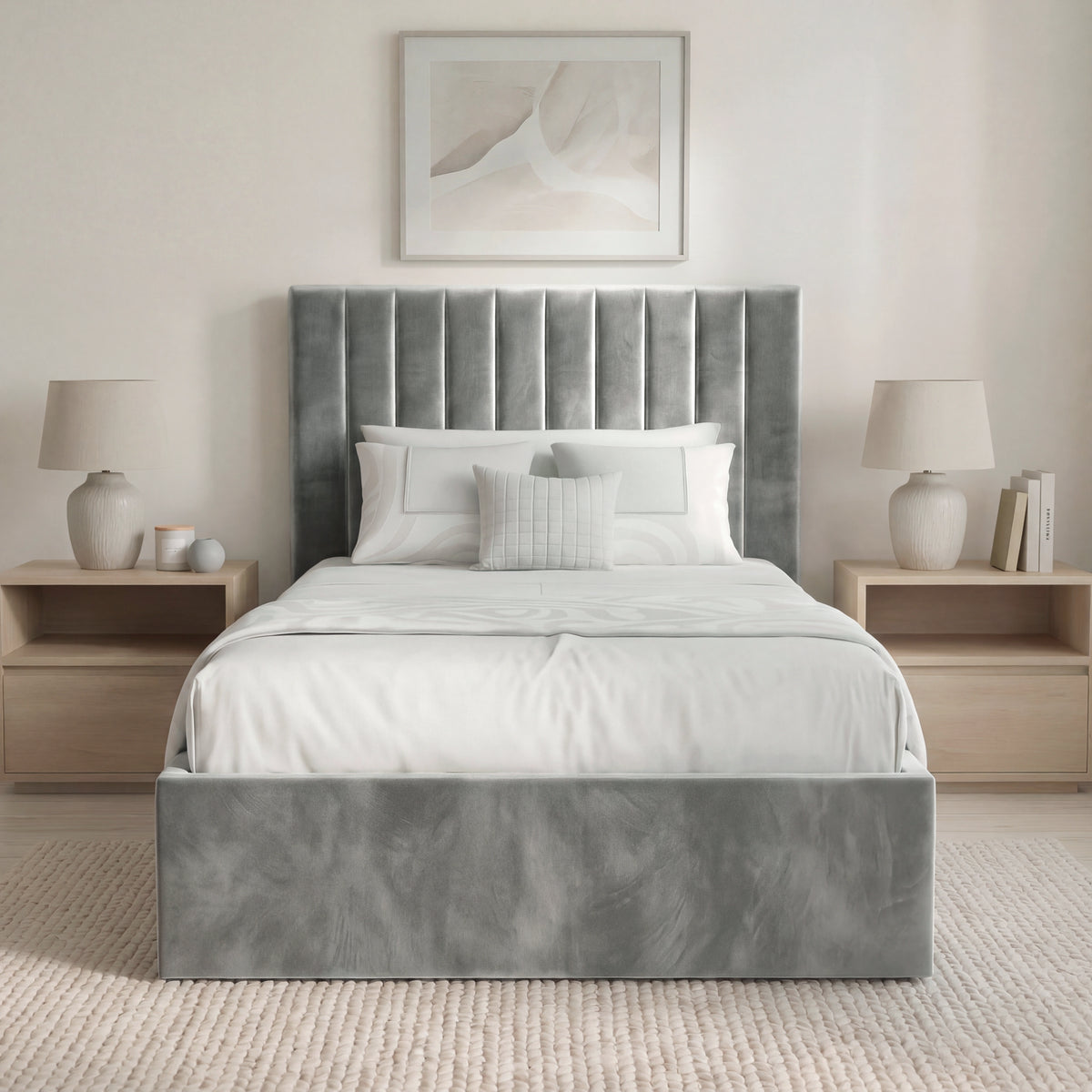 [Grey | Single] Front view of vertical channel bed frame with headboard flanked by wooden nightstands and ceramic lamps
