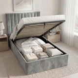 [Grey | Single] Grey velvet ottoman bed with gas-lift base raised showing wooden slats and folded linen stacks inside
