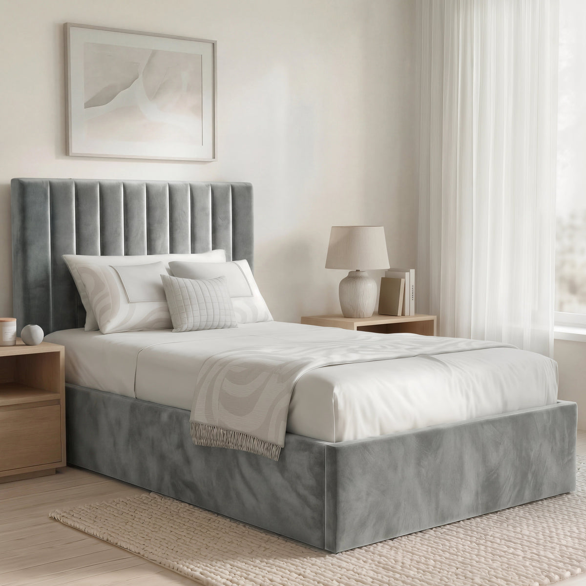 [Grey | Single] Vertical channel velvet ottoman bed styled with white bedding and tassel throw under leaf print art