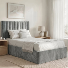 [Grey | Single] Vertical channel velvet ottoman bed styled with white bedding and tassel throw under leaf print art