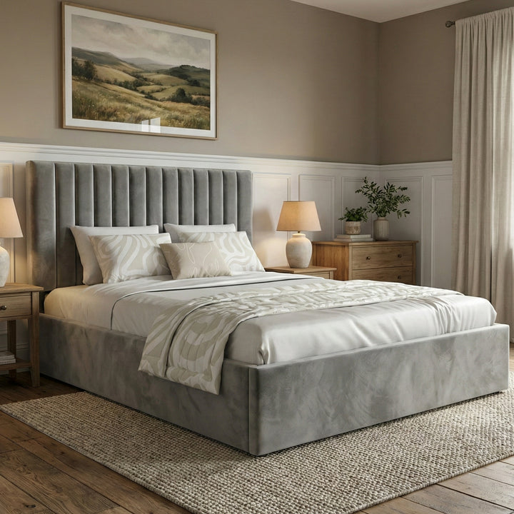 [Grey | Small Double] [Grey | Small Double] Grey velvet vertical channel ottoman bed with oak nightstands and landscape art