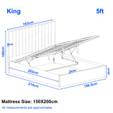 [Grey | King] Annotated King size guide: frame 156.5x214x30cm, headboard 163x100cm vertical ottoman bed