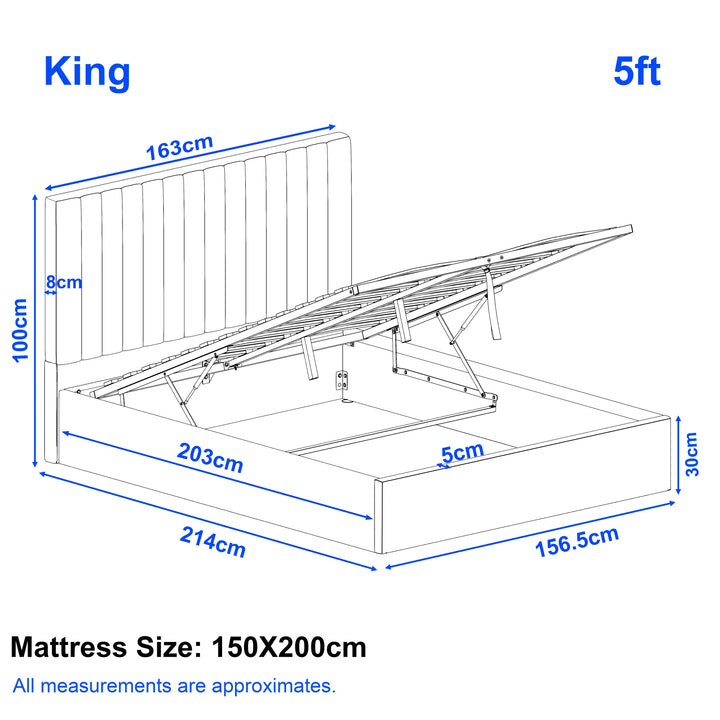[Grey | King] Annotated King size guide: frame 156.5x214x30cm, headboard 163x100cm vertical ottoman bed