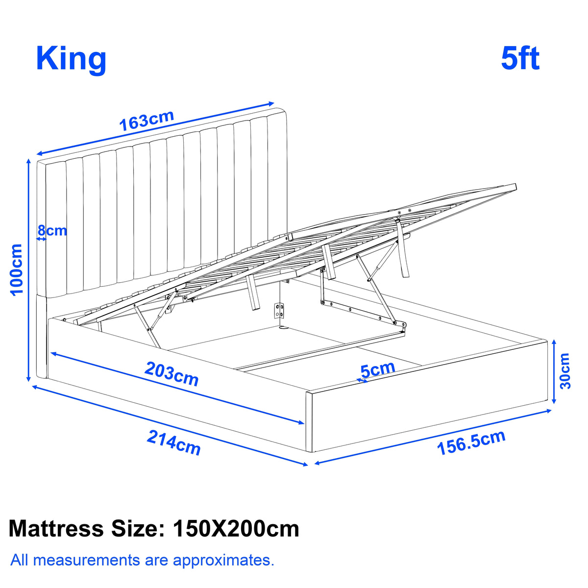 [Light Grey | King] Line drawing of Vertical ottoman bed showing 5ft king at 214 x 156.5 cm with 100 cm headboard
