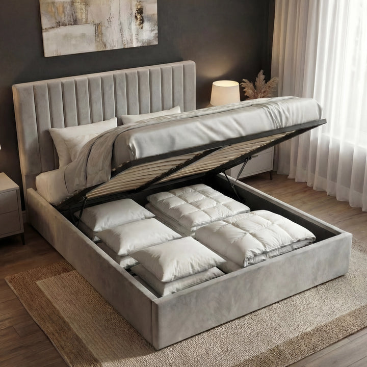 [Light Grey | King] Foot-end lift on Vertical ottoman bed mid-open, full-width storage well exposed with bedding inside