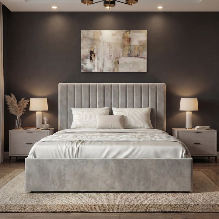 [Light Grey | Double] Straight-on view of vertical ottoman bed showing full fluted headboard between table lamps in dark room