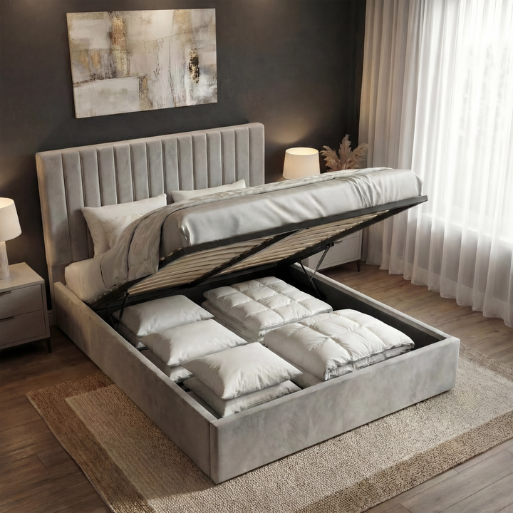 [Light Grey | Double] Mattress lifted on gas-lift base; under-bed storage holds white pillows; dark accent wall behind