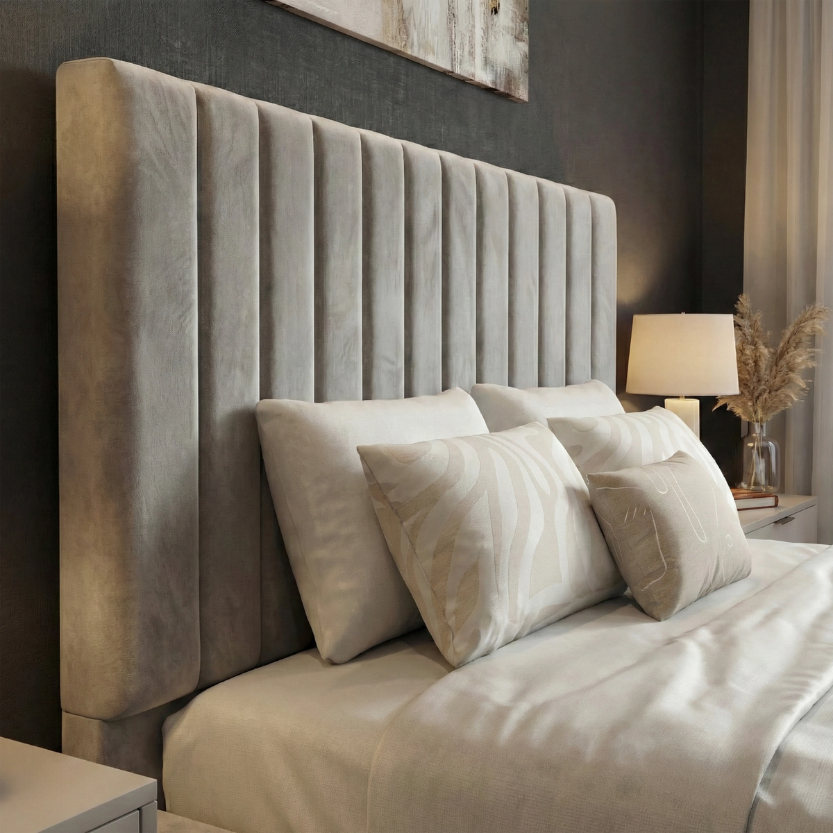 [Light Grey | Double] Vertical channel bed headboard against dark accent wall with cushions and warm lamp glow